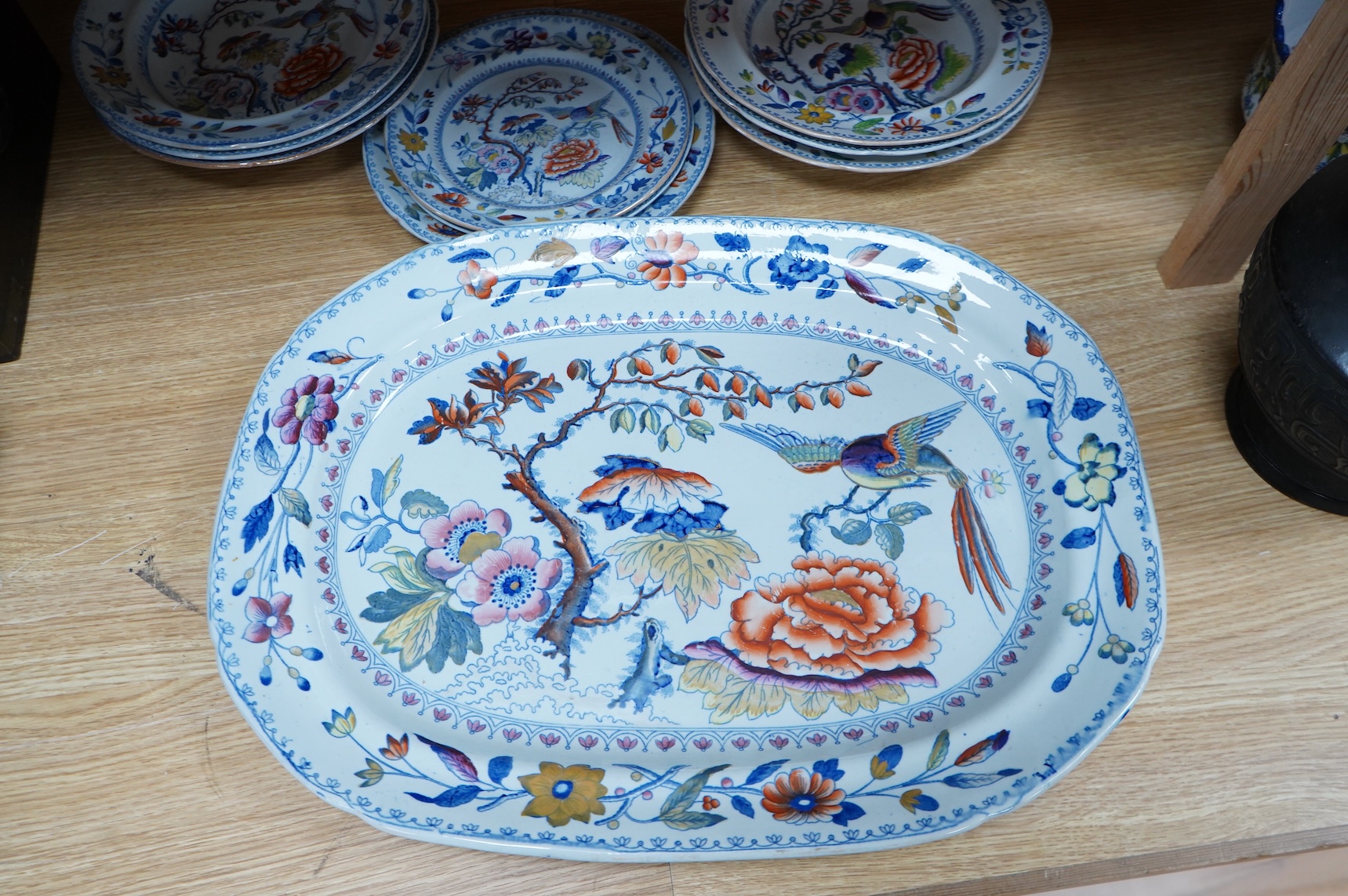 An early 19th century Davenport ironstone part dinner service, eight items, and four matching Stone China dessert dishes, meat plate 50cm